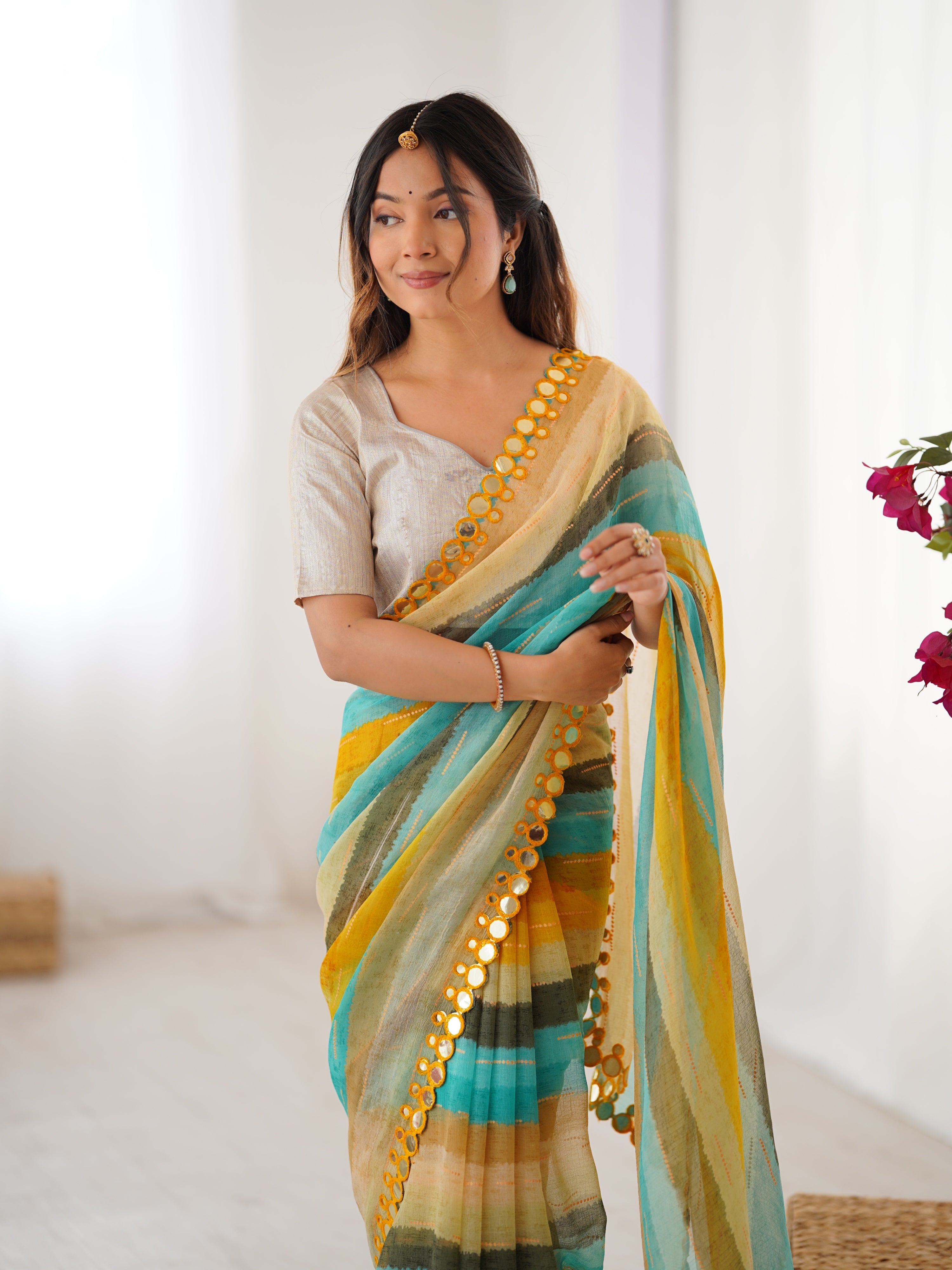 Jyoti Fashion Women's Yellow Chinon Leriya Zari Printed Designer Saree with Blouse | Grocsy