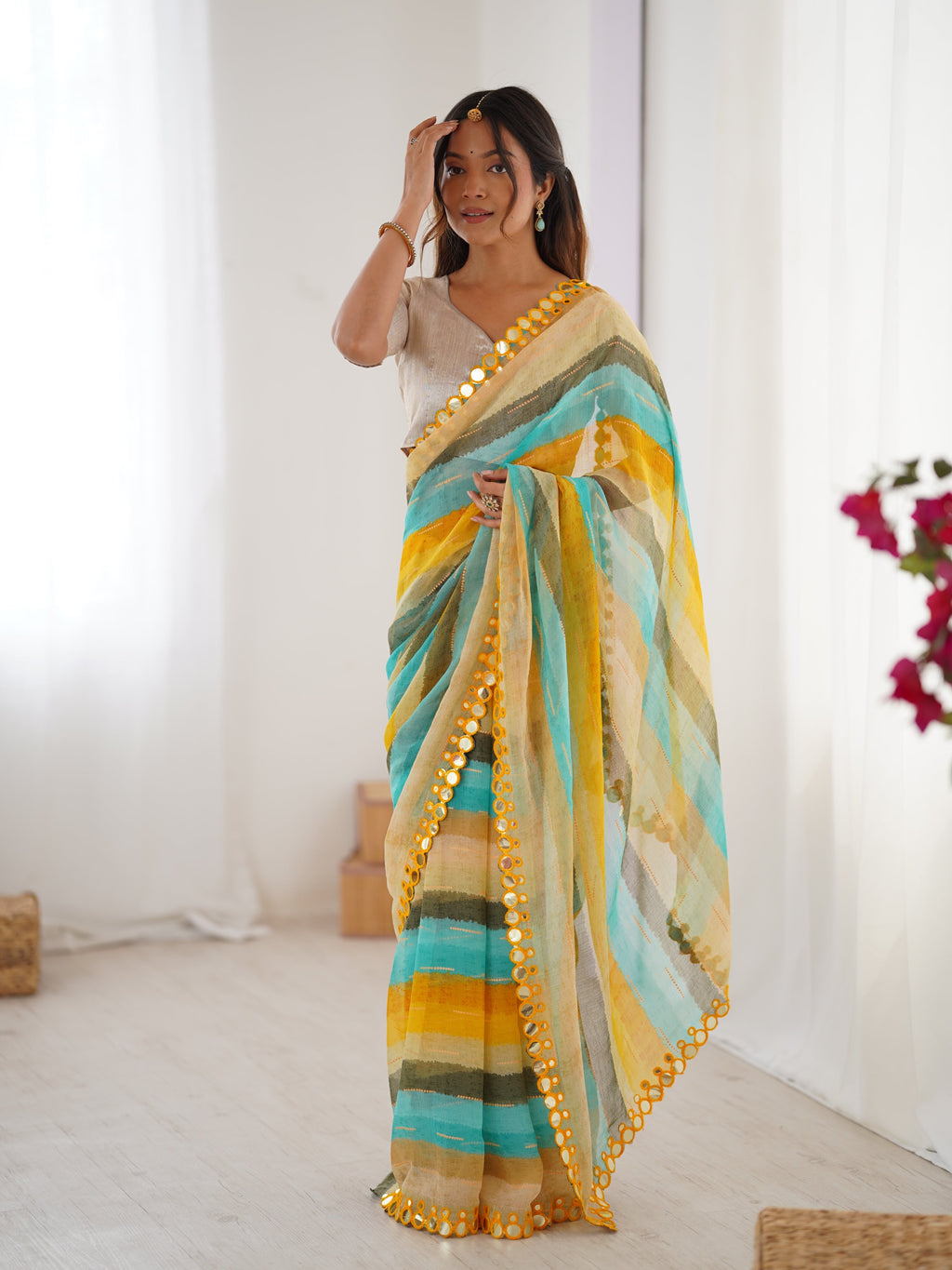 Jyoti Fashion Women's Yellow Chinon Leriya Zari Printed Designer Saree with Blouse | Grocsy