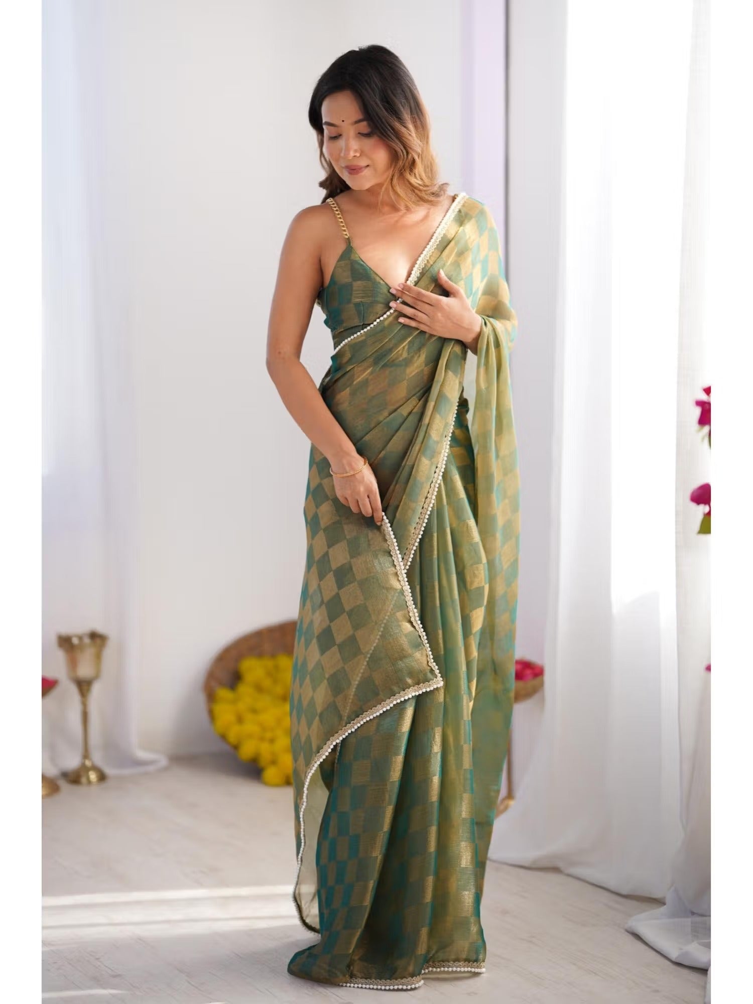 Jyoti Fashion Women's Mehendi Box Chiffon Moti Lace Border Designer Saree with Blouse | Grocsy