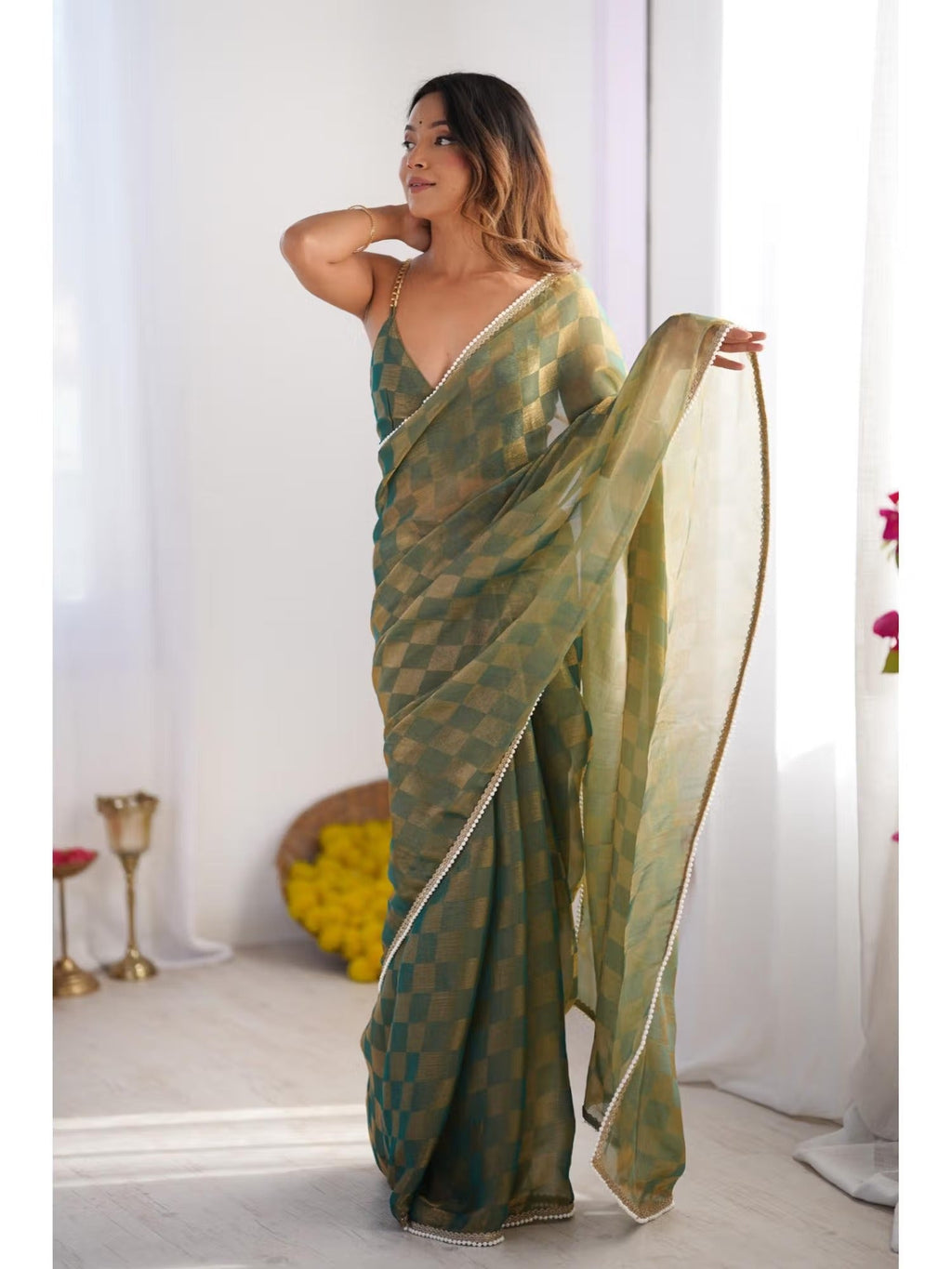 Jyoti Fashion Women's Mehendi Box Chiffon Moti Lace Border Designer Saree with Blouse | Grocsy