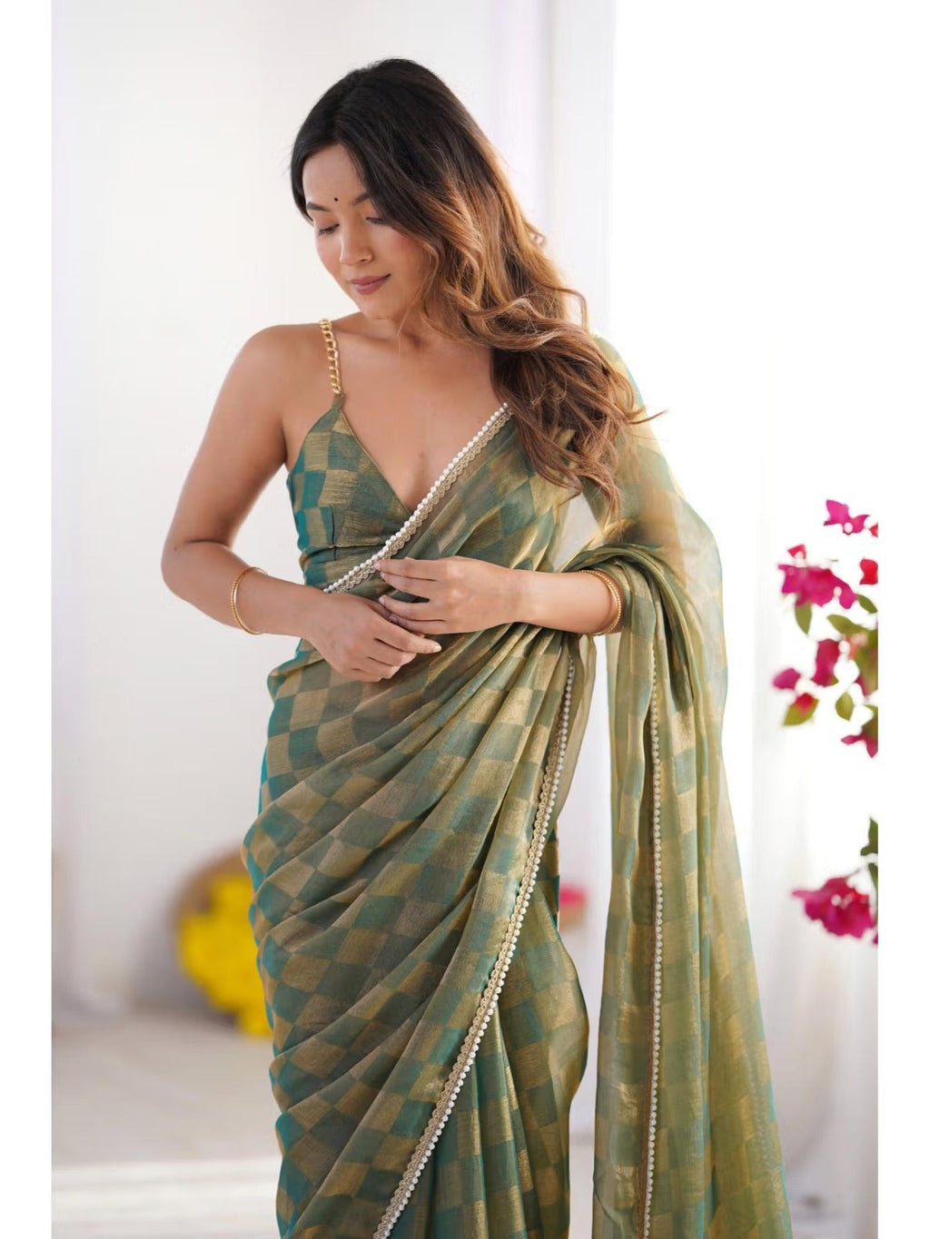 Jyoti Fashion Women's Mehendi Box Chiffon Moti Lace Border Designer Saree with Blouse | Grocsy