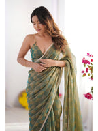 Jyoti Fashion Women's Mehendi Box Chiffon Moti Lace Border Designer Saree with Blouse | Grocsy