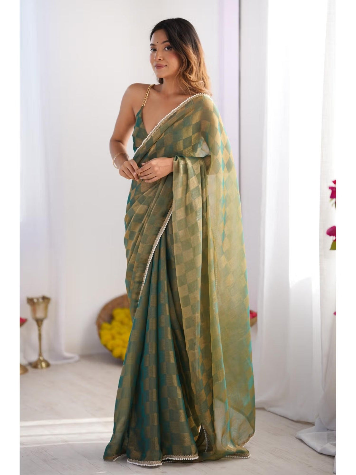 Jyoti Fashion Women's Mehendi Box Chiffon Moti Lace Border Designer Saree with Blouse | Grocsy