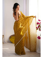Jyoti Fashion Women's Mustard Box Chiffon Moti Lace Border Designer Saree with Blouse | Grocsy