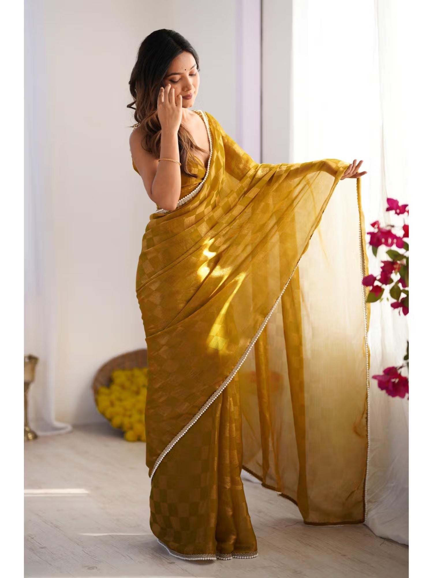 Jyoti Fashion Women's Mustard Box Chiffon Moti Lace Border Designer Saree with Blouse | Grocsy