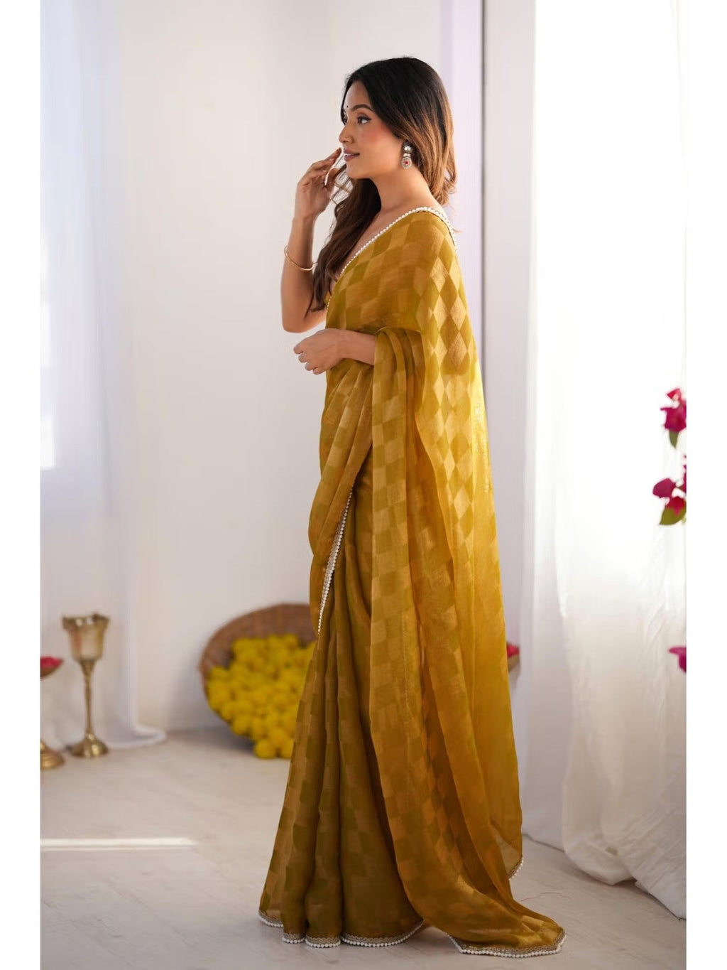 Jyoti Fashion Women's Mustard Box Chiffon Moti Lace Border Designer Saree with Blouse | Grocsy