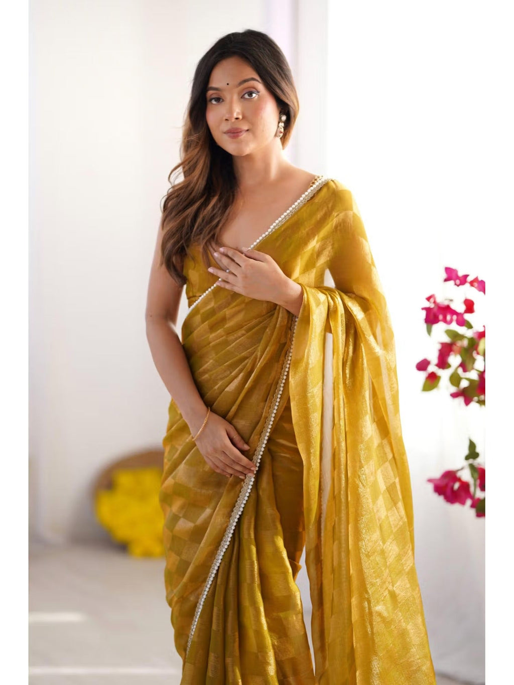 Jyoti Fashion Women's Mustard Box Chiffon Moti Lace Border Designer Saree with Blouse | Grocsy