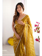 Jyoti Fashion Women's Mustard Box Chiffon Moti Lace Border Designer Saree with Blouse | Grocsy