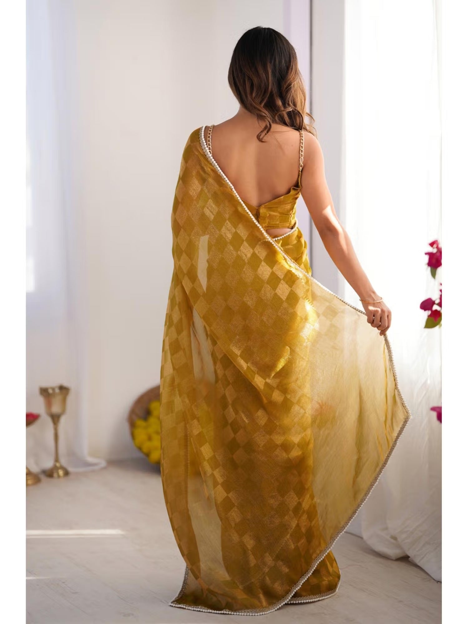 Jyoti Fashion Women's Mustard Box Chiffon Moti Lace Border Designer Saree with Blouse | Grocsy