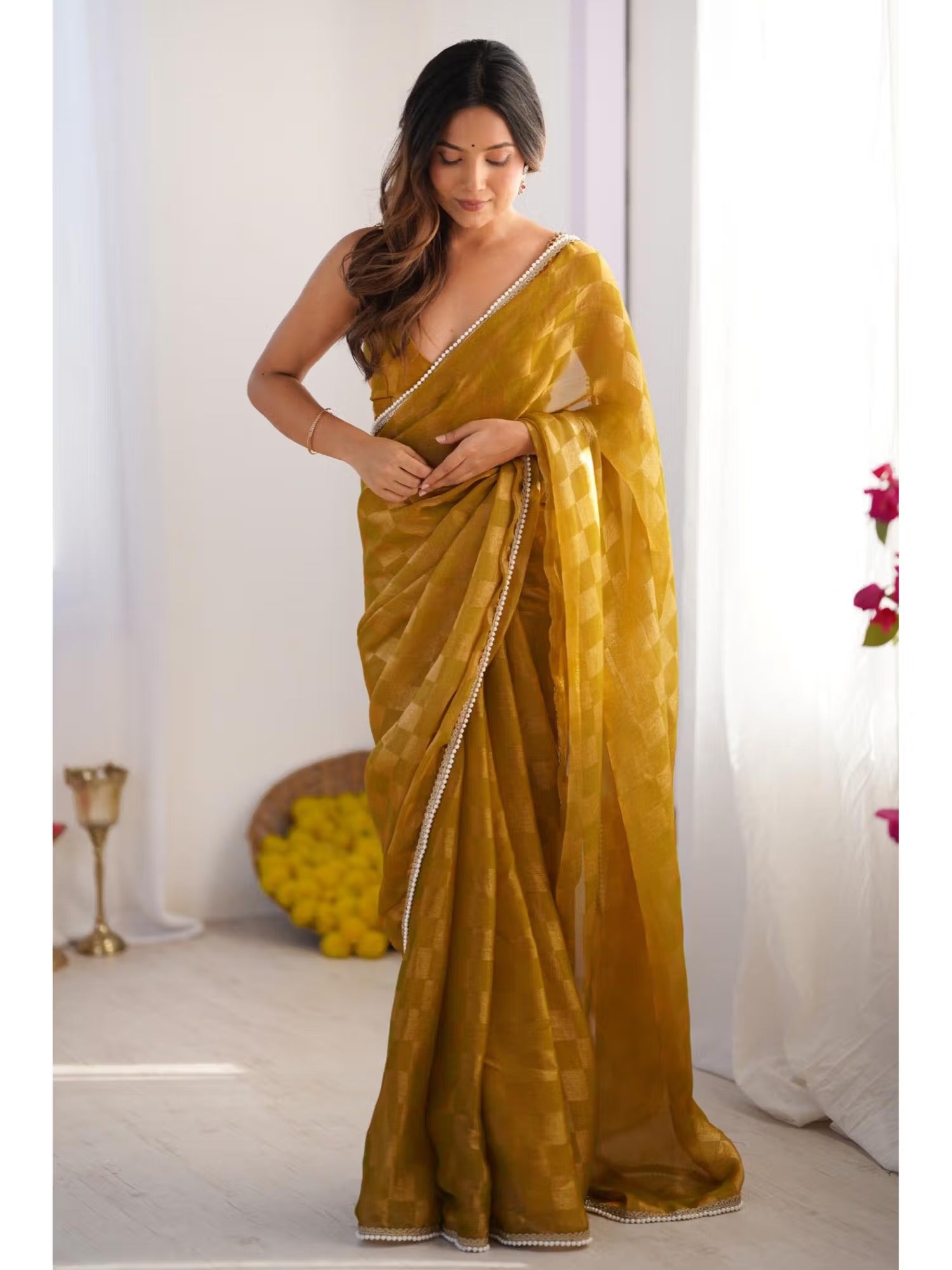 Jyoti Fashion Women's Mustard Box Chiffon Moti Lace Border Designer Saree with Blouse | Grocsy
