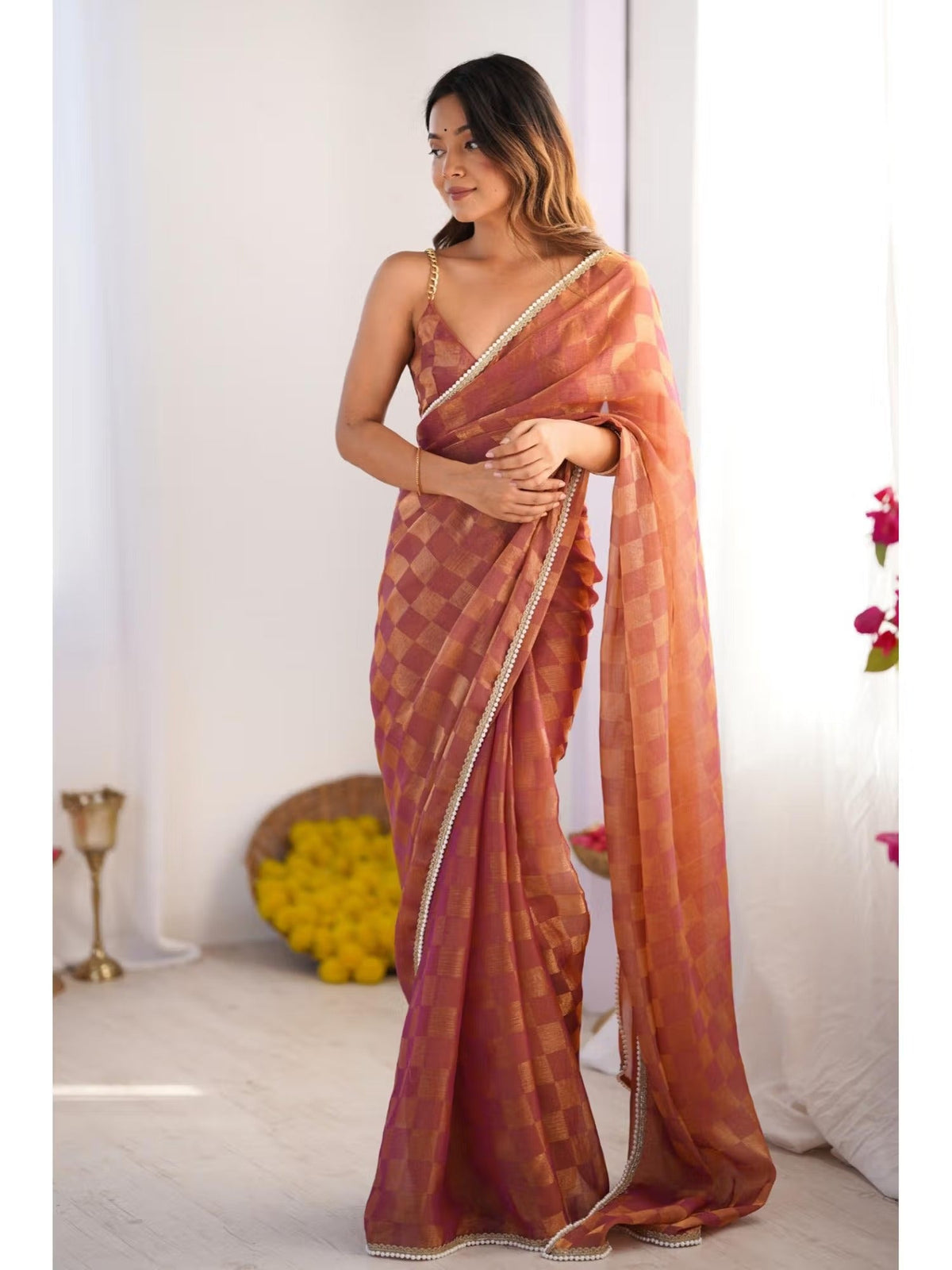 Jyoti Fashion Women's Brown Box Chiffon Moti Lace Border Designer Saree with Blouse | Grocsy