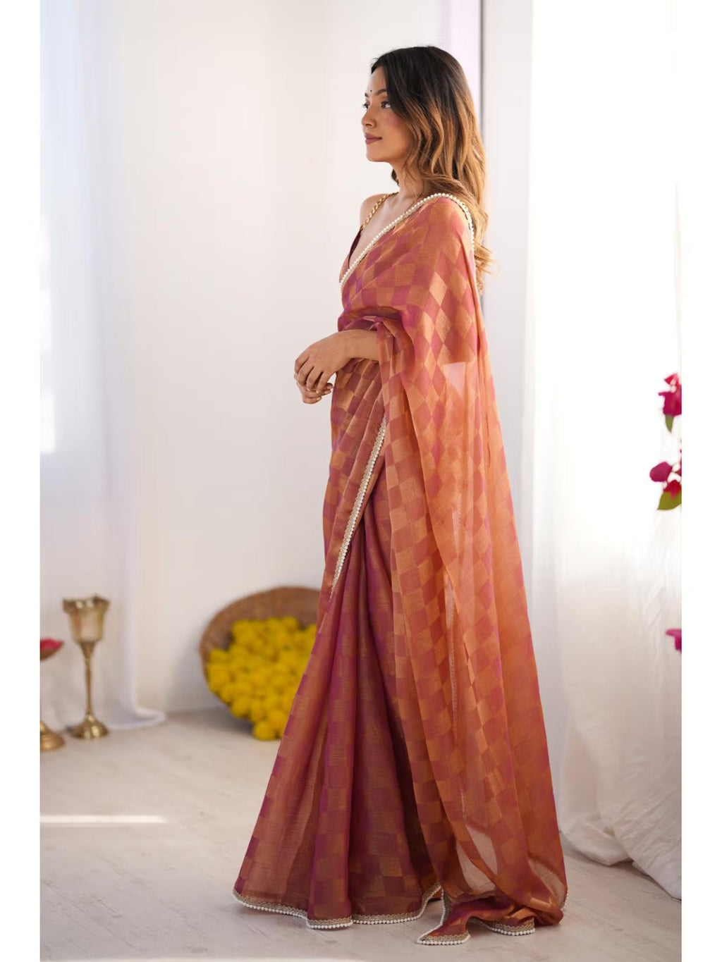 Jyoti Fashion Women's Brown Box Chiffon Moti Lace Border Designer Saree with Blouse | Grocsy