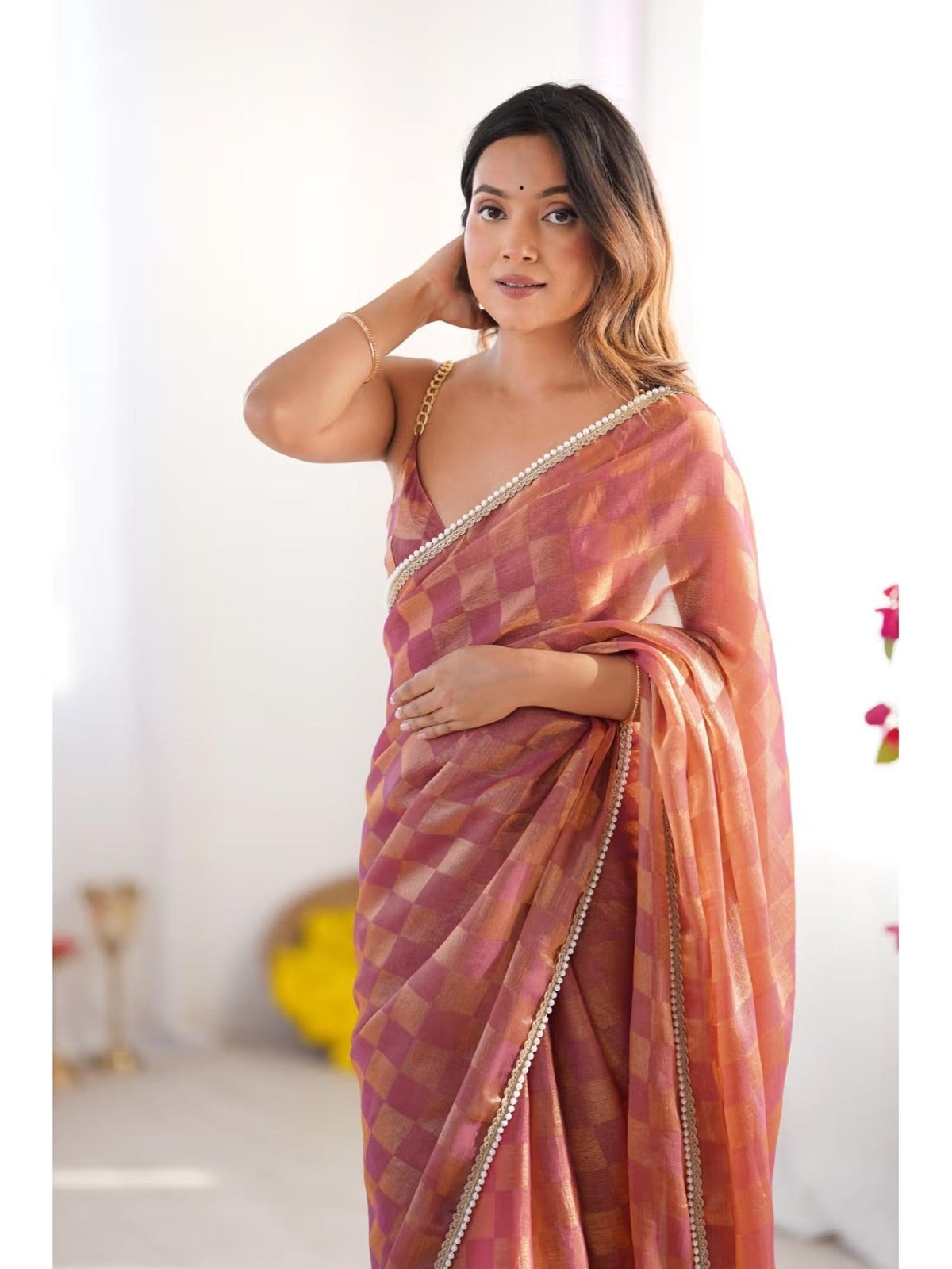 Jyoti Fashion Women's Brown Box Chiffon Moti Lace Border Designer Saree with Blouse | Grocsy