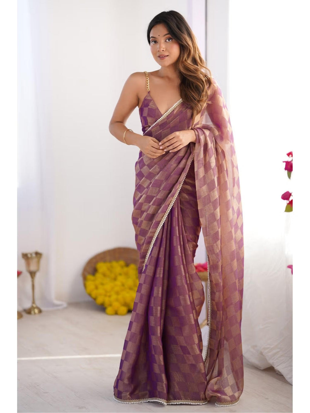 Jyoti Fashion Women's Purple Box Chiffon Moti Lace Border Designer Saree with Blouse | Grocsy
