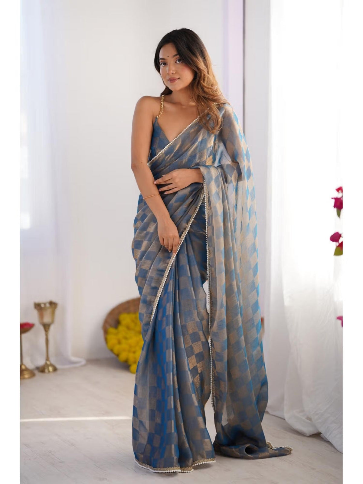 Jyoti Fashion Women's Blue Box Chiffon Moti Lace Border Designer Saree with Blouse | Grocsy