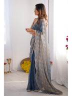Jyoti Fashion Women's Blue Box Chiffon Moti Lace Border Designer Saree with Blouse | Grocsy