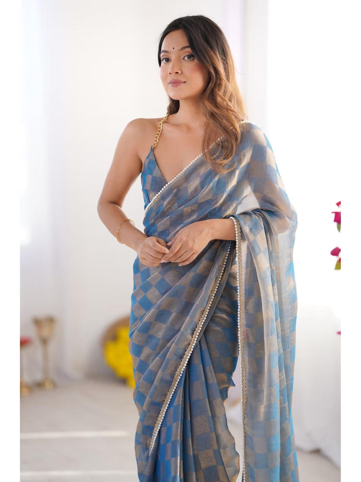 Jyoti Fashion Women's Blue Box Chiffon Moti Lace Border Designer Saree with Blouse | Grocsy