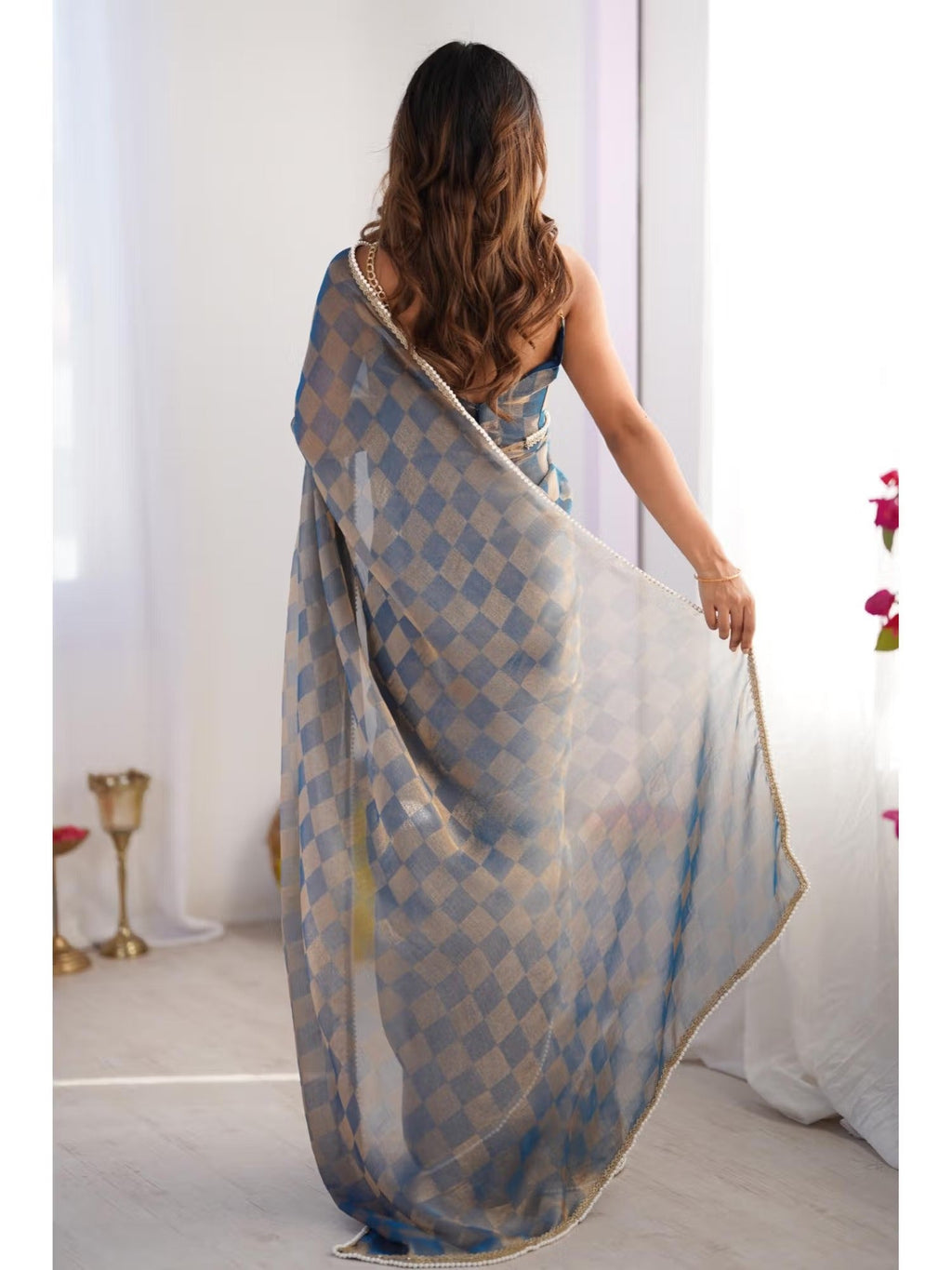 Jyoti Fashion Women's Blue Box Chiffon Moti Lace Border Designer Saree with Blouse | Grocsy