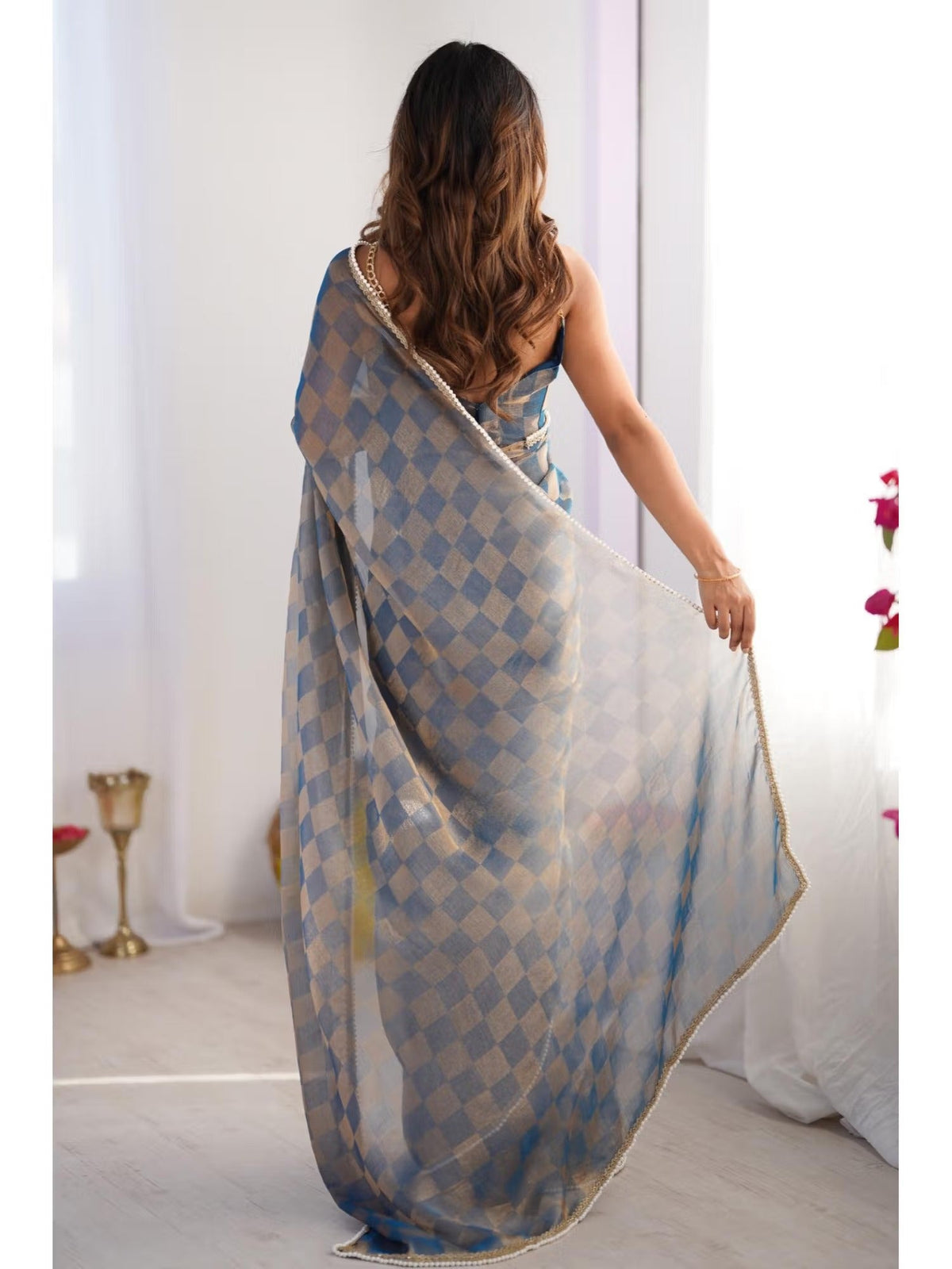 Jyoti Fashion Women's Blue Box Chiffon Moti Lace Border Designer Saree with Blouse | Grocsy