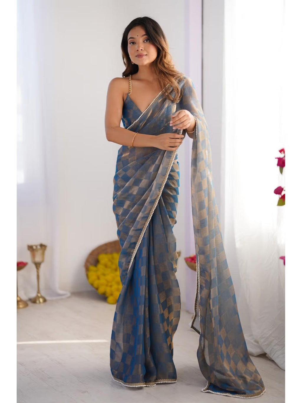 Jyoti Fashion Women's Blue Box Chiffon Moti Lace Border Designer Saree with Blouse | Grocsy
