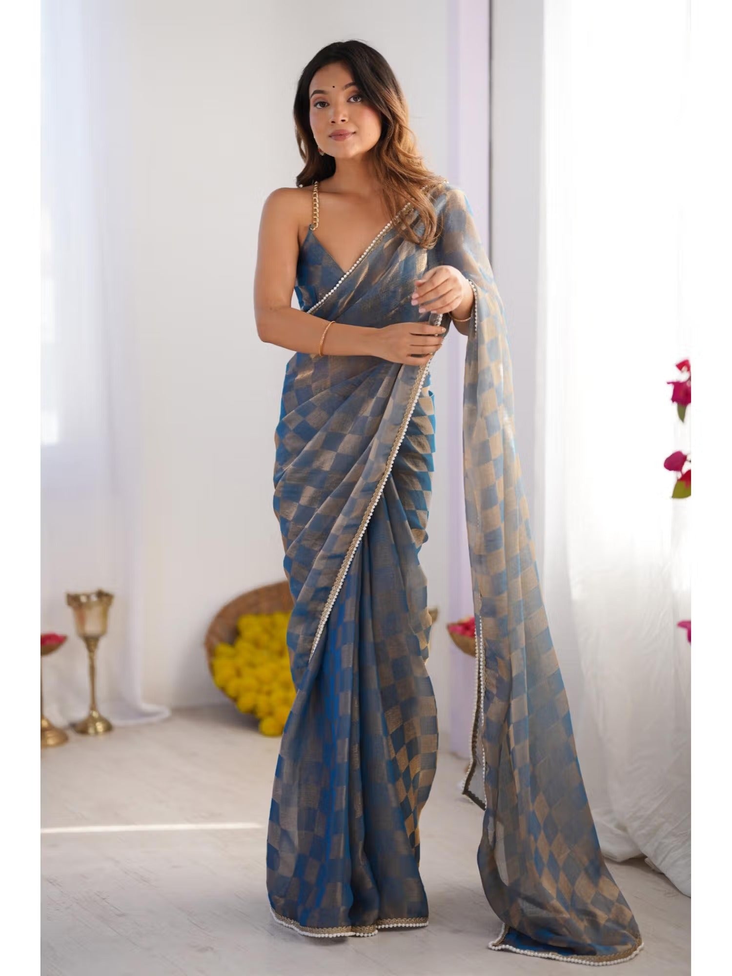 Jyoti Fashion Women's Blue Box Chiffon Moti Lace Border Designer Saree with Blouse | Grocsy