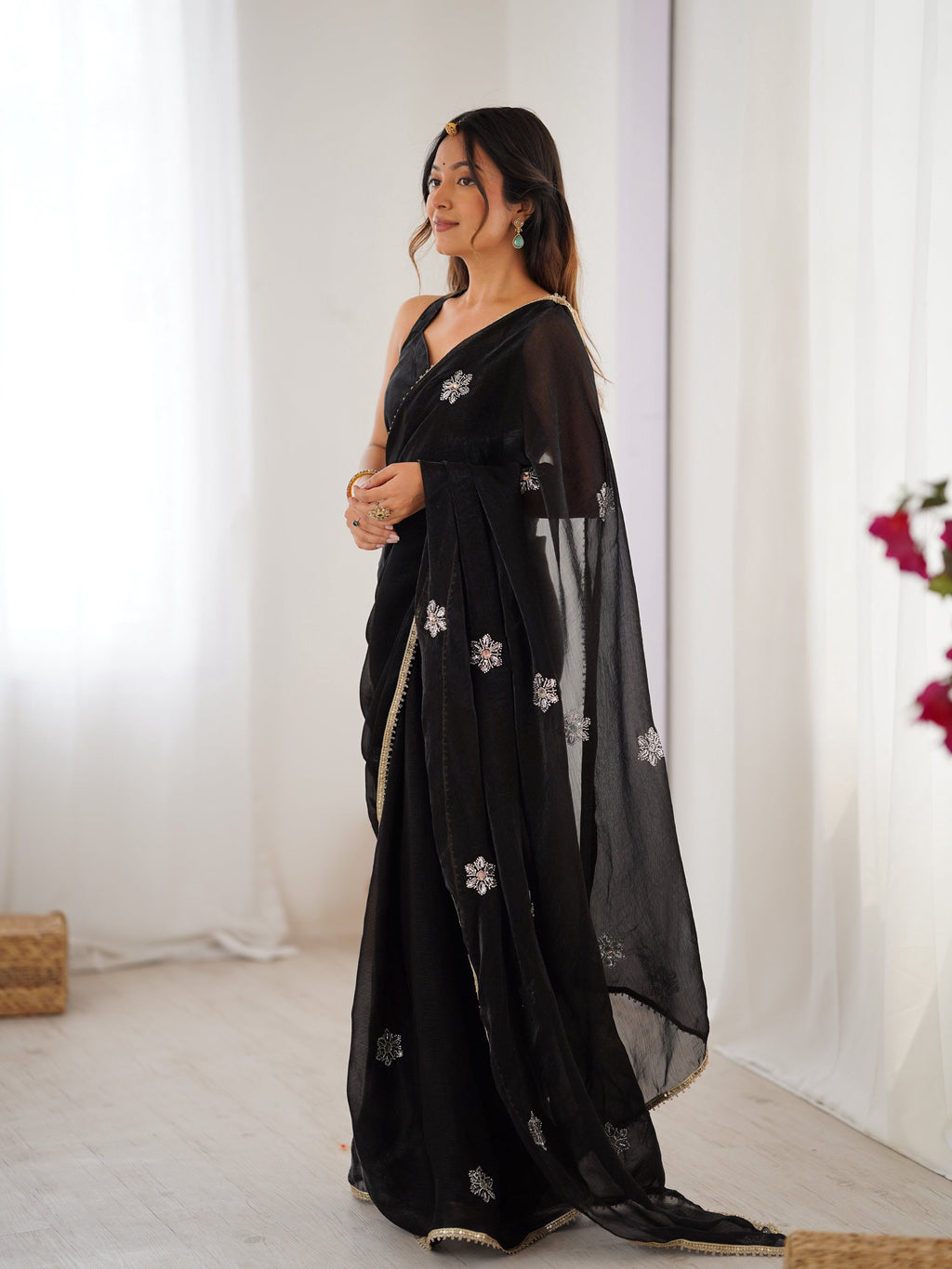 Jyoti Fashion Women's Black Soft Fendy Embroidered Designer Saree with Blouse | Grocsy