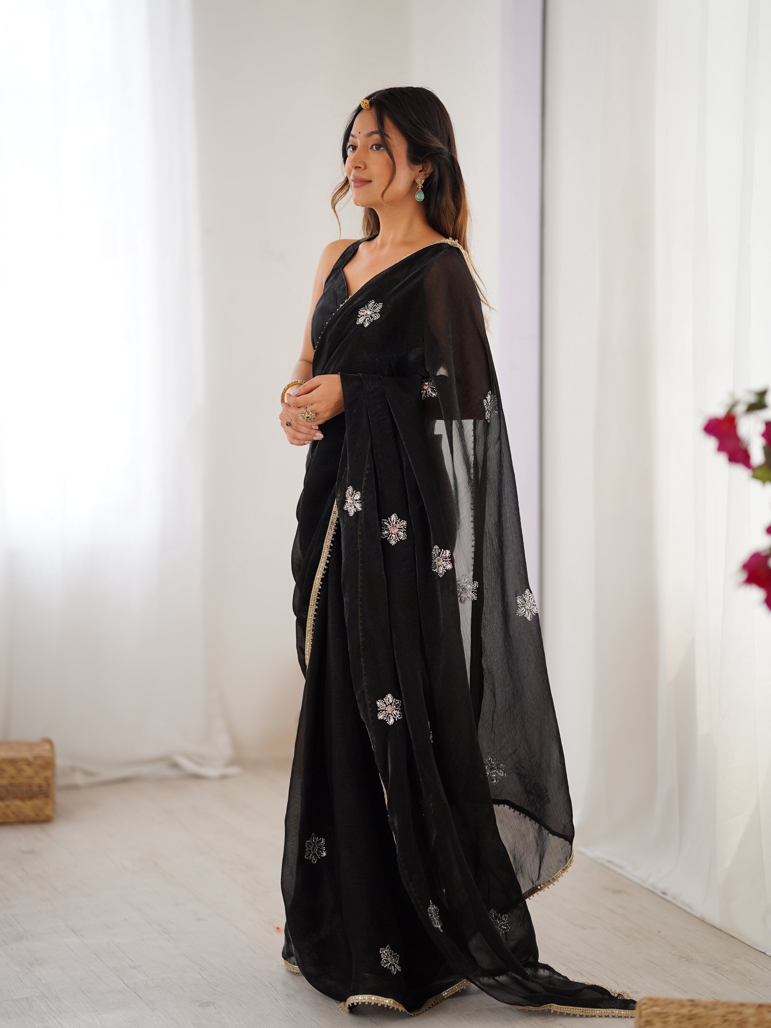 Jyoti Fashion Women's Black Soft Fendy Embroidered Designer Saree with Blouse | Grocsy
