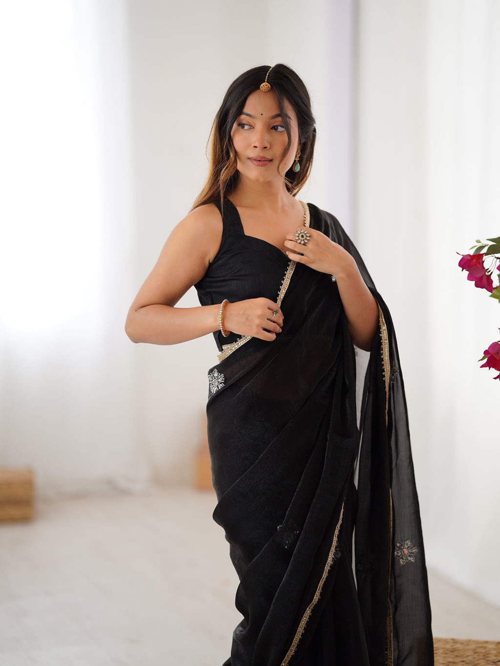 Jyoti Fashion Women's Black Soft Fendy Embroidered Designer Saree with Blouse | Grocsy