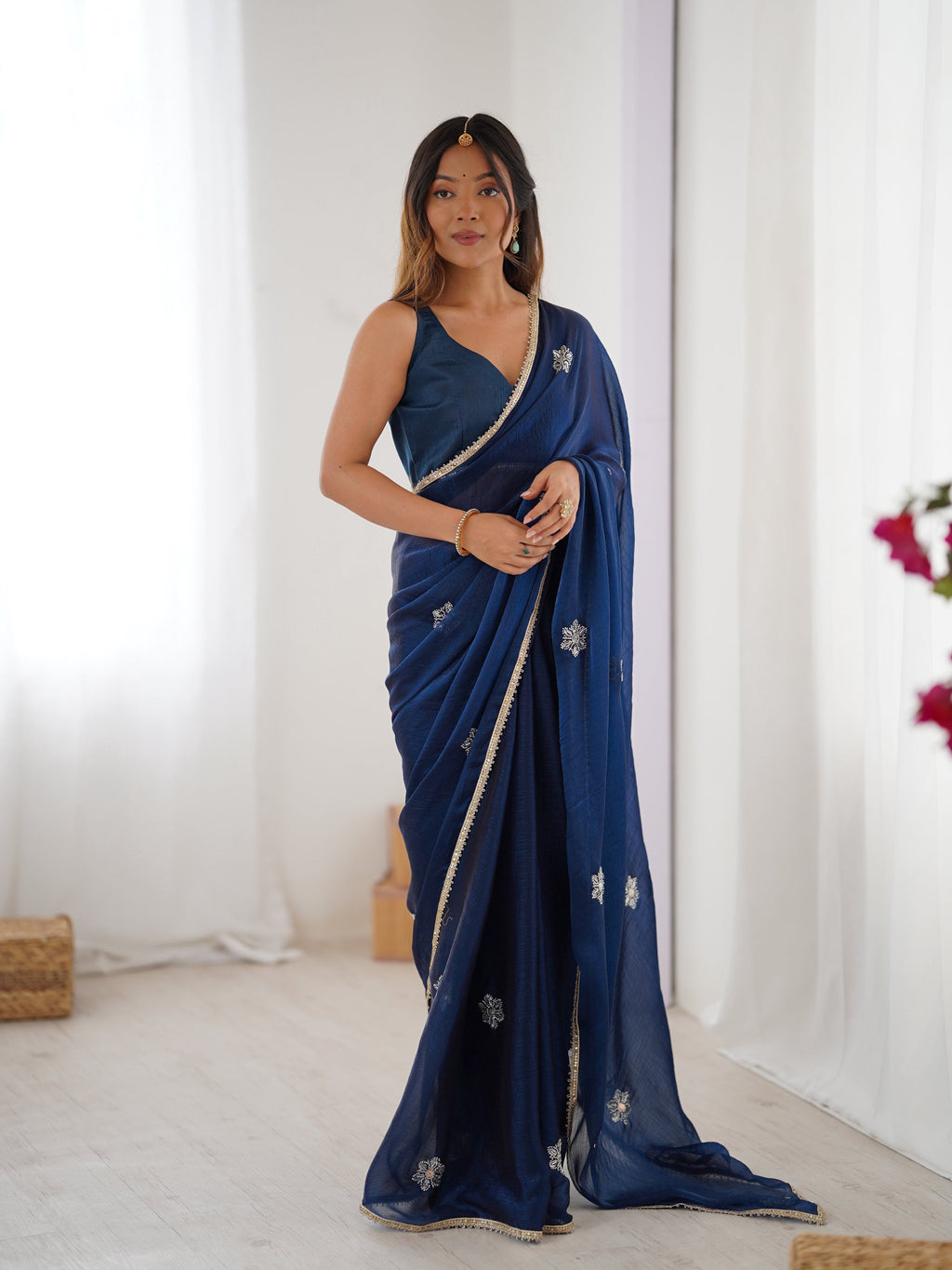 Jyoti Fashion Women's Navy Blue Soft Fendy Embroidered Designer Saree with Blouse | Grocsy