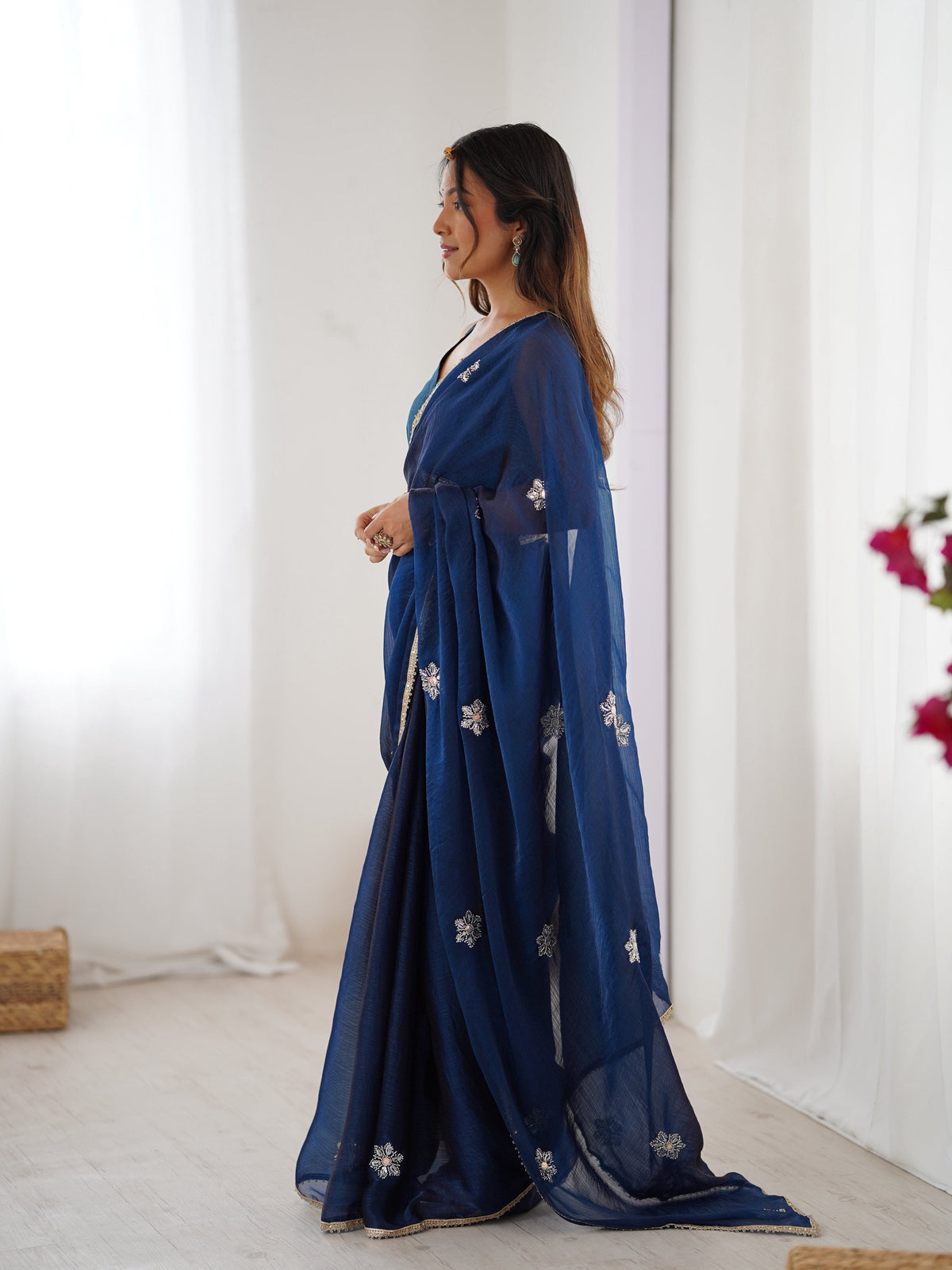 Jyoti Fashion Women's Navy Blue Soft Fendy Embroidered Designer Saree with Blouse | Grocsy