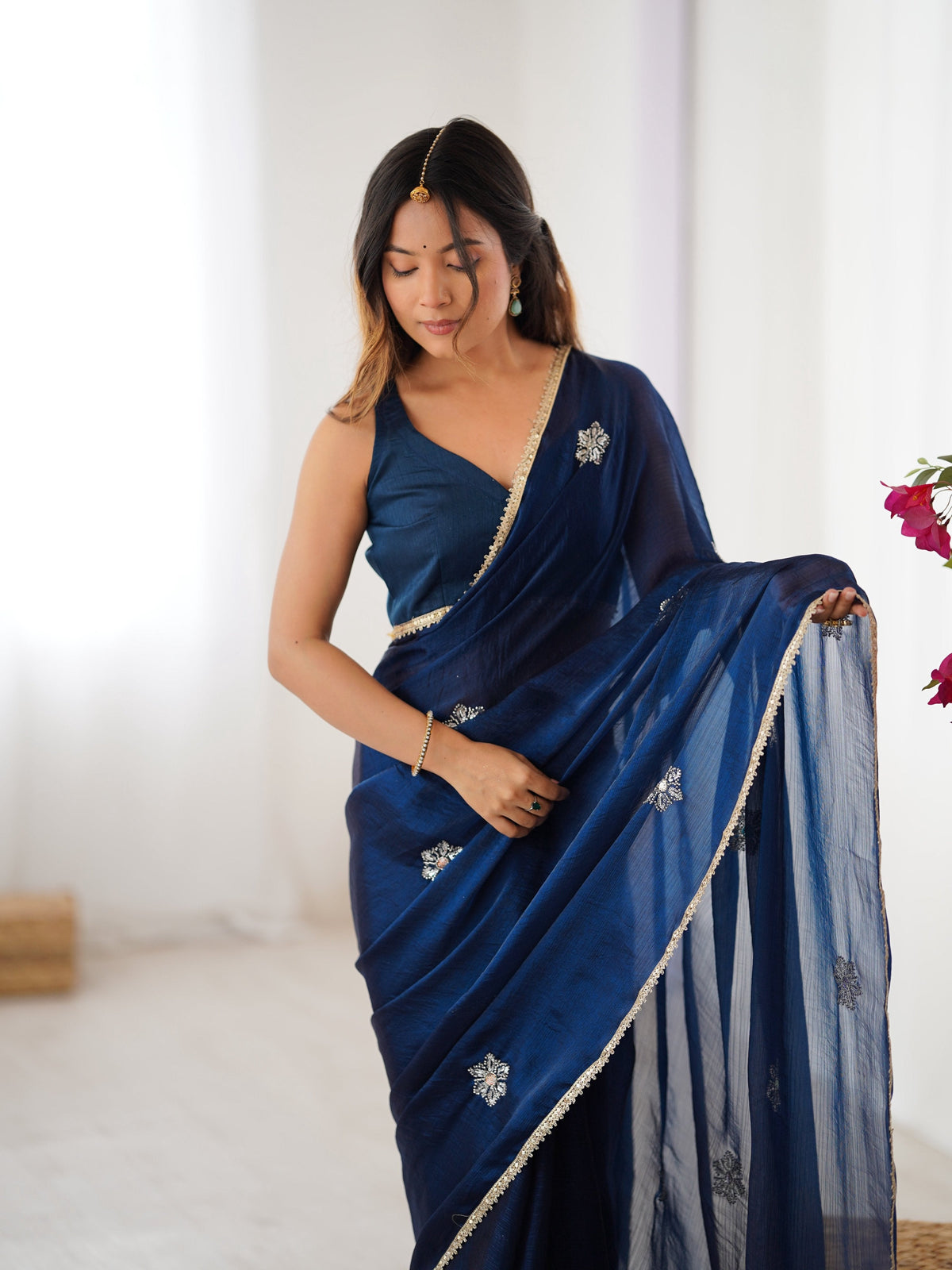 Jyoti Fashion Women's Navy Blue Soft Fendy Embroidered Designer Saree with Blouse | Grocsy