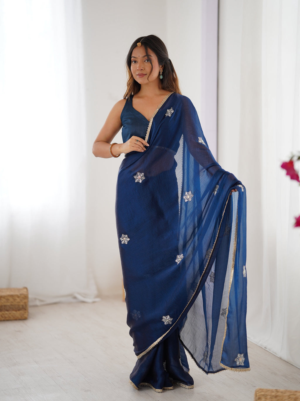 Jyoti Fashion Women's Navy Blue Soft Fendy Embroidered Designer Saree with Blouse | Grocsy