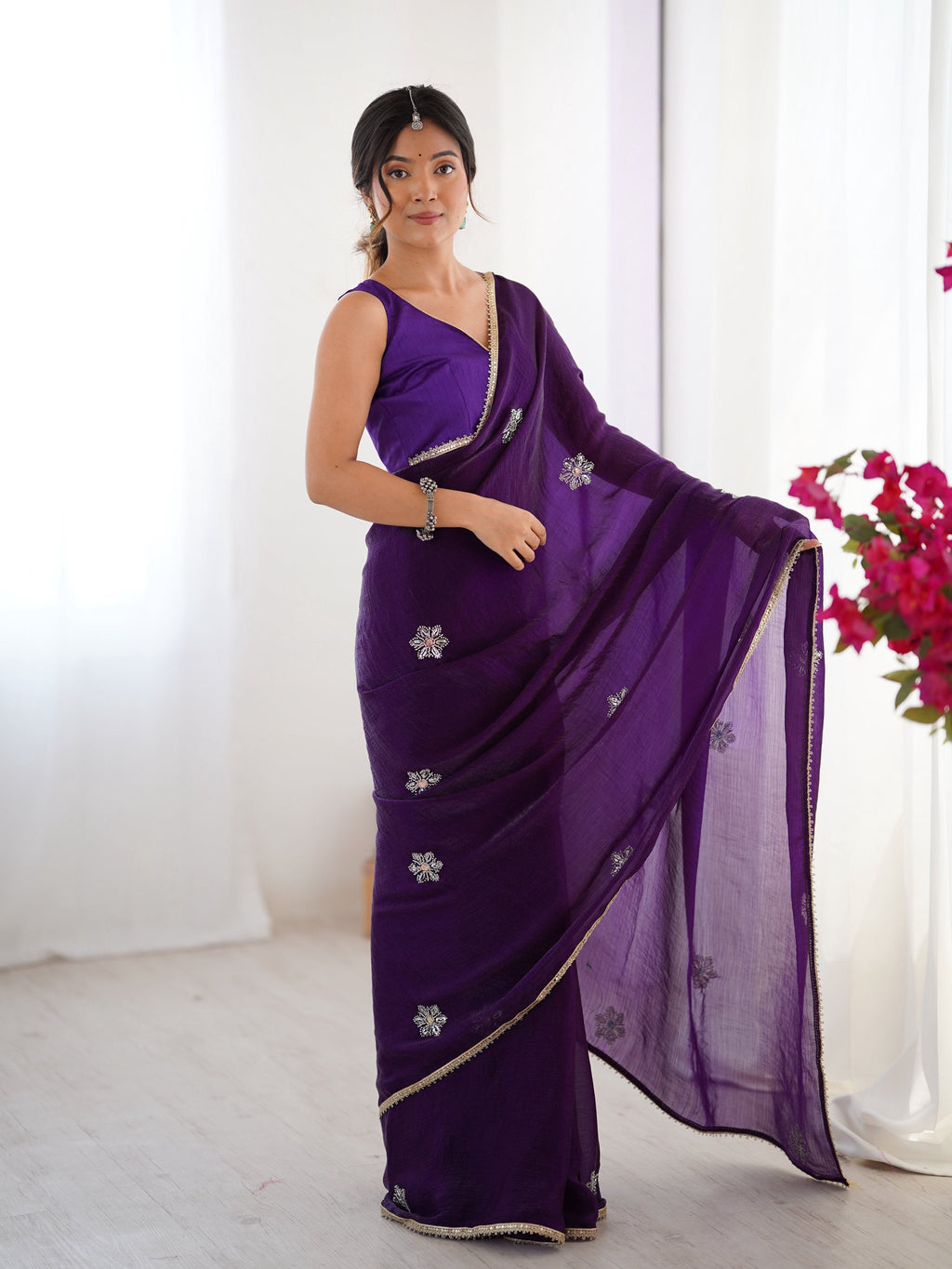 Jyoti Fashion Women's Purple Soft Fendy Embroidered Designer Saree with Blouse | Grocsy
