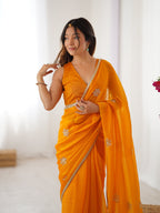Jyoti Fashion Women's Yellow Soft Fendy Embroidered Designer Saree with Blouse | Grocsy