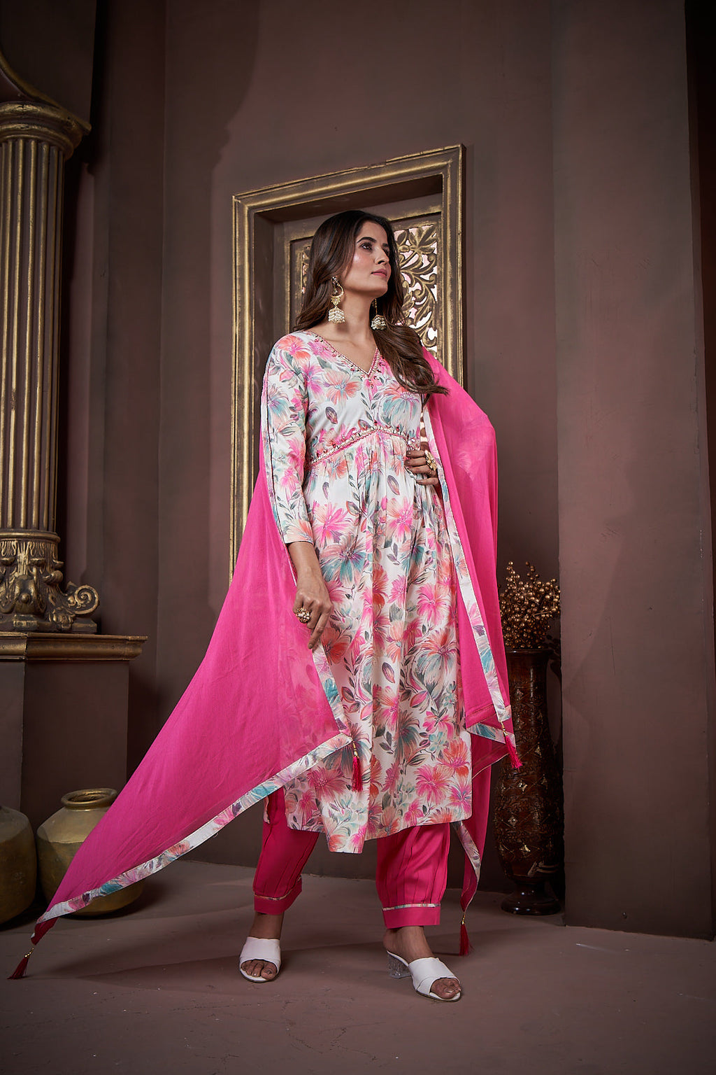 Jyoti Fashion Women's Pink Rayon Floral Print with Handwork Designer Kurta Set with Dupatta | Grocsy