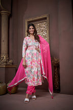 Jyoti Fashion Women's Pink Rayon Floral Print with Handwork Designer Kurta Set with Dupatta | Grocsy