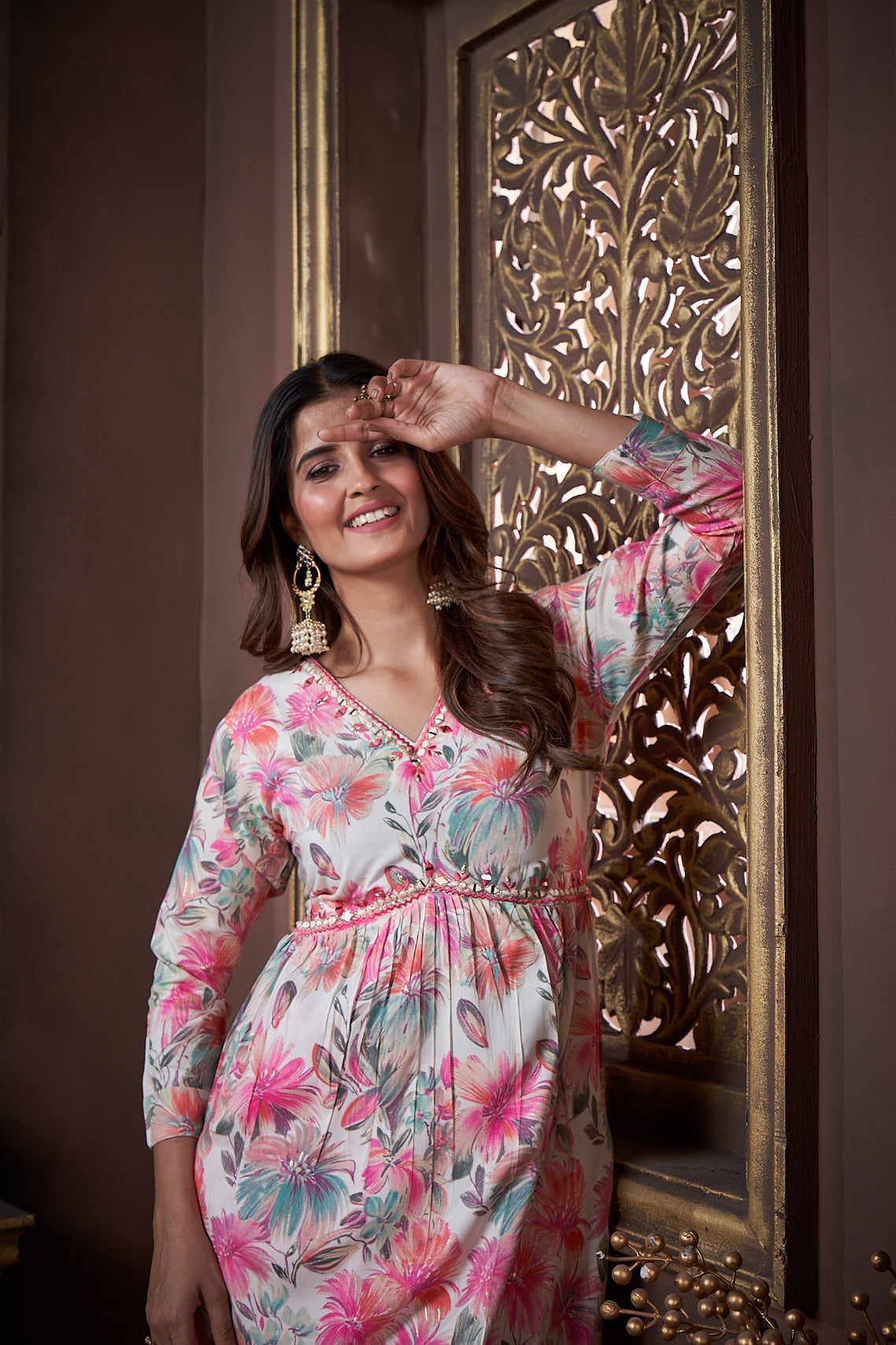Jyoti Fashion Women's Pink Rayon Floral Print with Handwork Designer Kurta Set with Dupatta | Grocsy