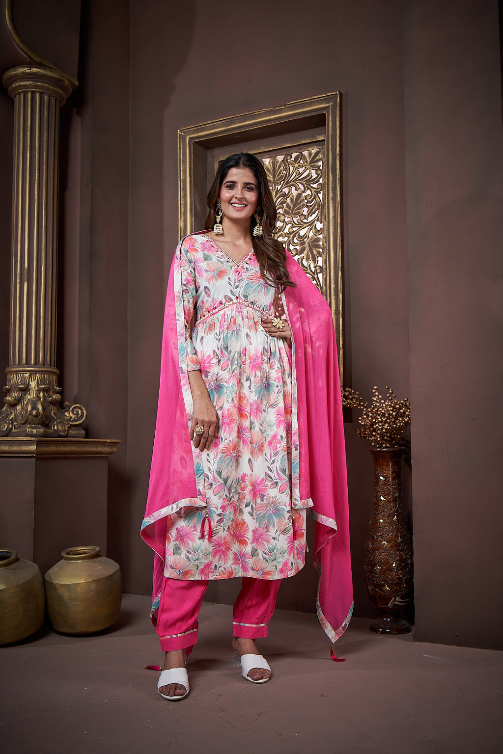 Jyoti Fashion Women's Pink Rayon Floral Print with Handwork Designer Kurta Set with Dupatta | Grocsy