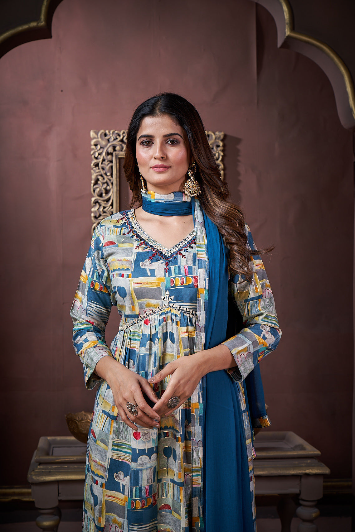 Jyoti Fashion Women's Navy Blue Rayon Floral Print with Handwork Designer Kurta Set with Dupatta | Grocsy