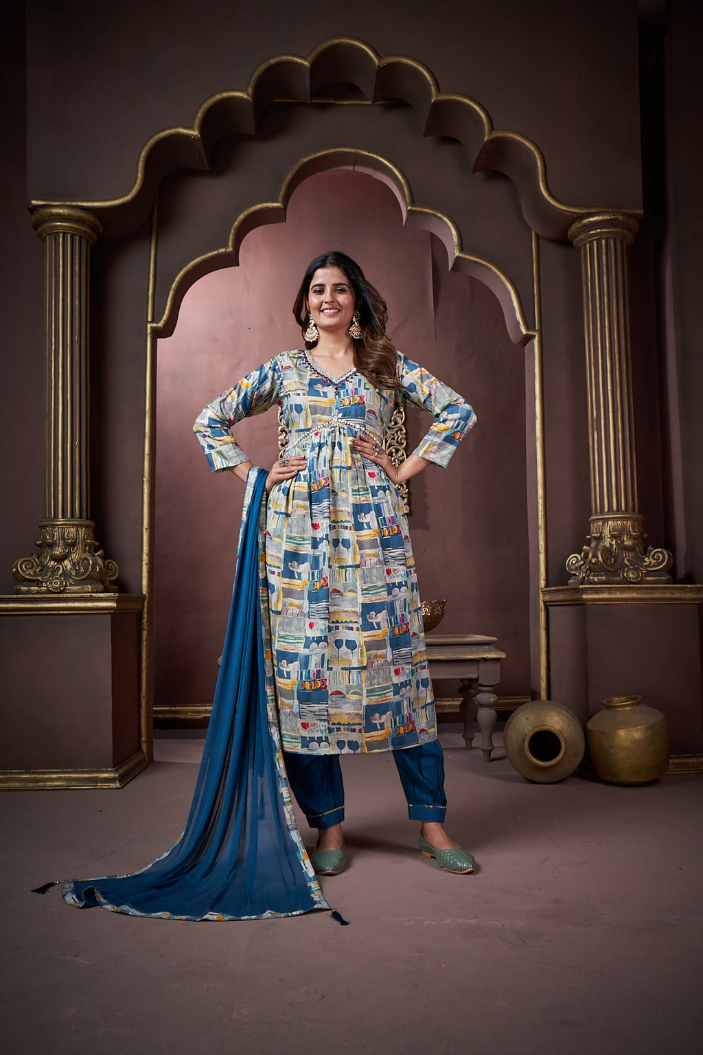 Jyoti Fashion Women's Navy Blue Rayon Floral Print with Handwork Designer Kurta Set with Dupatta | Grocsy
