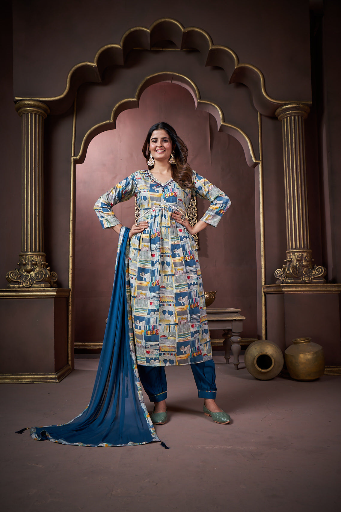 Jyoti Fashion Women's Navy Blue Rayon Floral Print with Handwork Designer Kurta Set with Dupatta | Grocsy