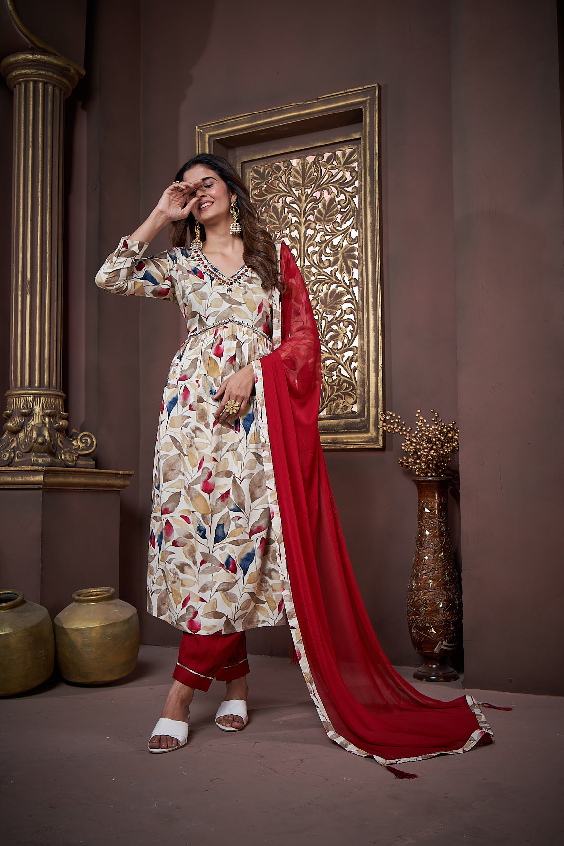 Jyoti Fashion Women's Maroon Rayon Floral Print with Handwork Designer Kurta Set with Dupatta | Grocsy