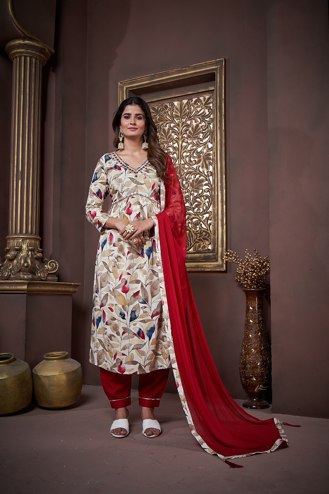 Jyoti Fashion Women's Maroon Rayon Floral Print with Handwork Designer Kurta Set with Dupatta | Grocsy