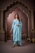 Jyoti Fashion Women's Sky Blue Rayon Floral Print with Handwork Designer Kurta Set with Dupatta | Grocsy