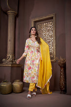 Jyoti Fashion Women's Yellow Rayon Floral Print with Handwork Designer Kurta Set with Dupatta | Grocsy