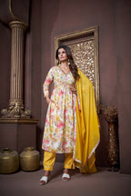 Jyoti Fashion Women's Yellow Rayon Floral Print with Handwork Designer Kurta Set with Dupatta | Grocsy
