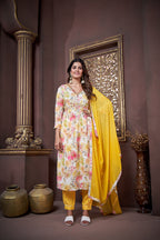 Jyoti Fashion Women's Yellow Rayon Floral Print with Handwork Designer Kurta Set with Dupatta | Grocsy