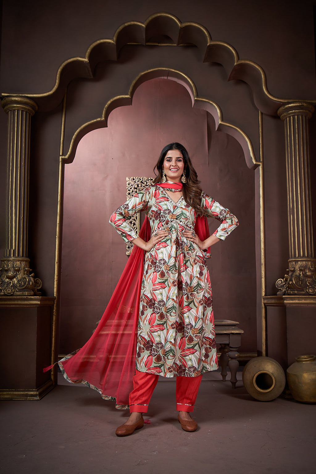 Jyoti Fashion Women's Red Rayon Floral Print with Handwork Designer Kurta Set with Dupatta | Grocsy