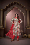 Jyoti Fashion Women's Red Rayon Floral Print with Handwork Designer Kurta Set with Dupatta | Grocsy