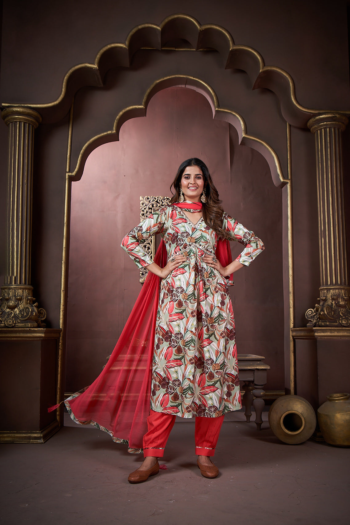 Jyoti Fashion Women's Red Rayon Floral Print with Handwork Designer Kurta Set with Dupatta | Grocsy